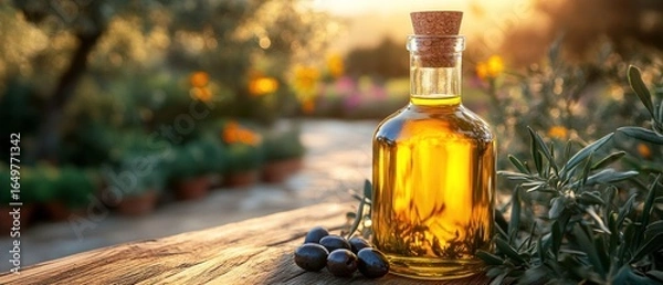 Fototapeta Golden Olive Oil in a Rustic Setting: A Taste of the Mediterranean