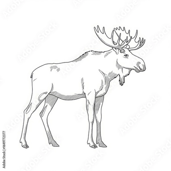 Fototapeta minimalistic linear moose drawing, simple black and white contour illustration, vector, isolated, modern minimal contour sketch