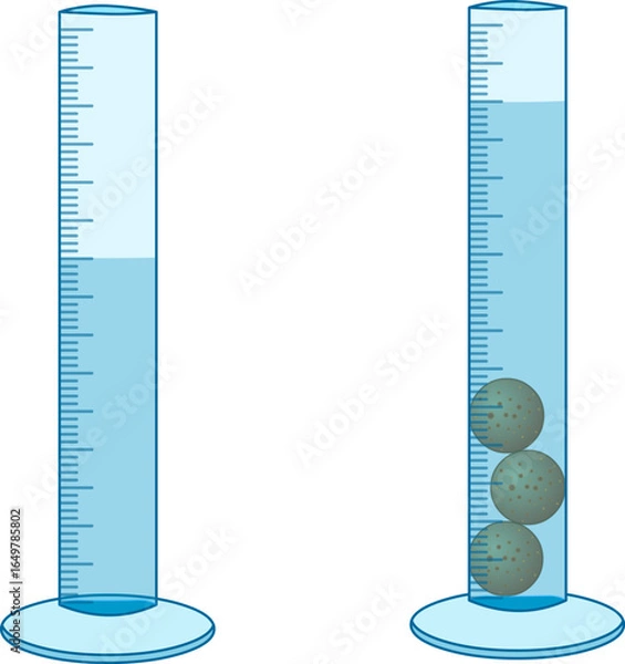 Fototapeta Volume measurement, displacement demonstration measurement. Archimedes principle. sphere objects in water, buoyant force. Transparent glass containers. Vector illustration