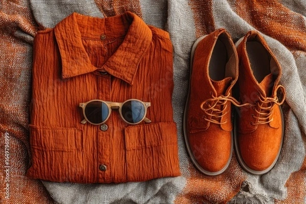 Fototapeta Overhead view of an orange textured shirt with sunglasses and chukka boots on a woven blanket