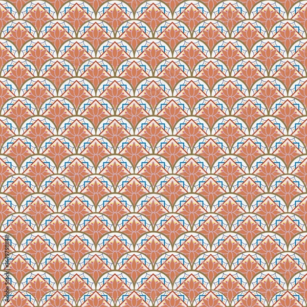 Obraz Vintage geometric lotus fan design with warm terracotta tones and soft blue accents. Perfect for textile prints, surface pattern projects, gift wraps, and retro-inspired wallpapers.