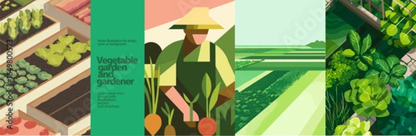 Fototapeta Vegetable garden vector illustrations with lush green crops, gardener in hat, and aerial farm fields. Fresh organic farming concept for eco-friendly, healthy food, and agriculture themes.
