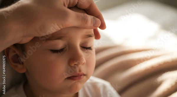 Fototapeta Close up hand on boy forehead checking temperature