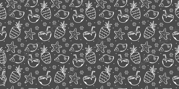 Fototapeta Doodle seamless pattern of summer fruits and seashells. Vector black and white design