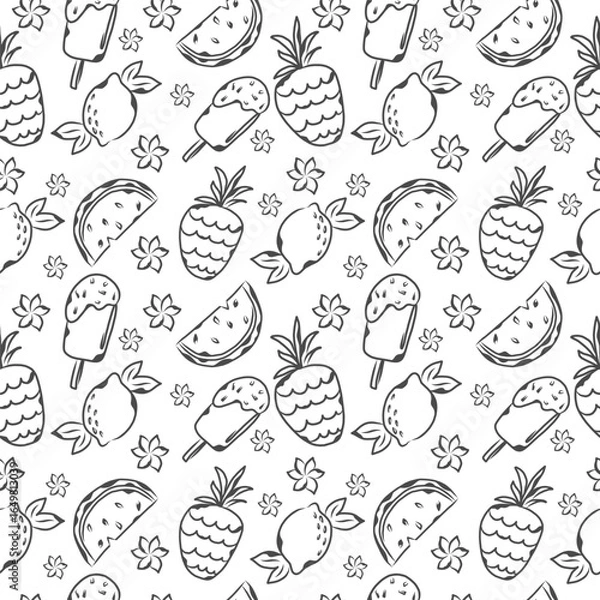 Fototapeta Doodle seamless pattern with summer fruits. Vector design.