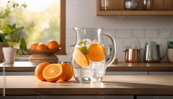Fototapeta refreshing pitcher of water with ice and oranges on kitchen counter