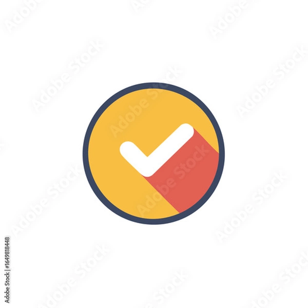 Fototapeta White check mark with shadow in a yellow circle against a white background, symbolizing completion or acceptance