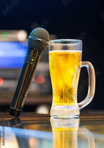 Fototapeta A close-up of a black karaoke microphone with green light and a glass of golden japanese beer on a glossy bar counter, evoking a lively and relaxed mood in a modern entertainment setting.