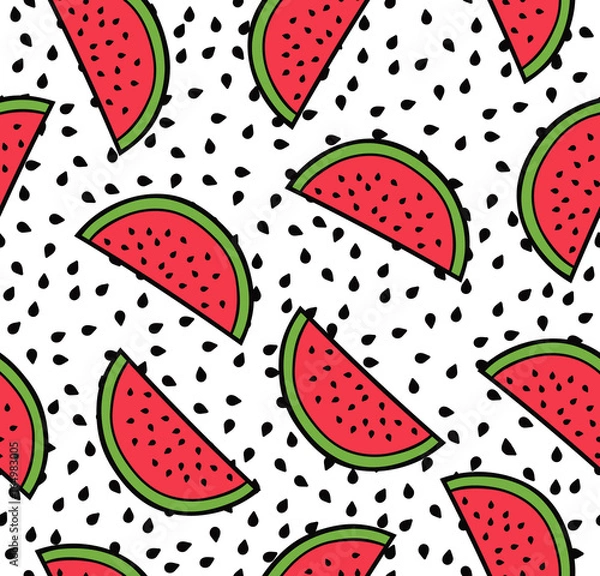 Fototapeta Watermelon summer seamless pattern, flat simple slices of watermelon