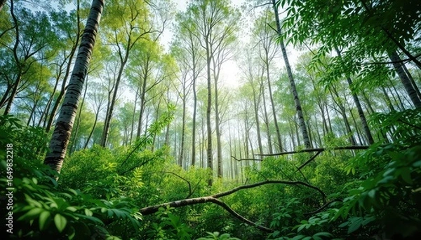Fototapeta Ascending Verdant Canopy A Serene Glimpse into the Lushness of a Dense Forest Understory with Towering Trees and Bright Sky