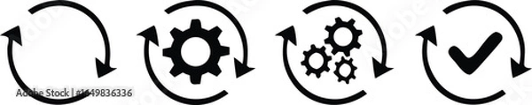 Fototapeta Sync process, icon reload set, circle arrow with gear wheel, recycling recurrence, renewal sync processing icons - stock vector 

