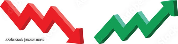 Fototapeta Green up and red down 3d arrow graph showing rising and descending trend, boosting of business result, decrease and growing investment profit symbol 