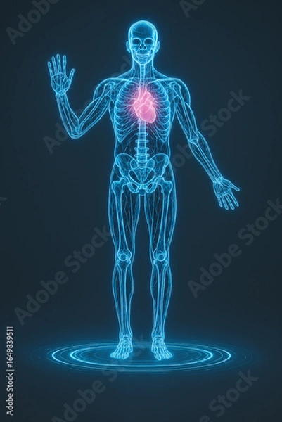 Fototapeta A futuristic 3D holographic illustration of the human body highlighting the heart in vivid pink