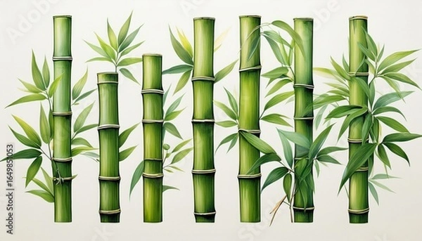 Fototapeta seven individual bamboo plants with green leaves and stems are isolated on a white background they are all different sizes and shapes