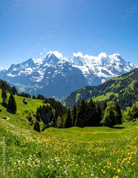 Obraz Alpine meadow, snow-capped peaks