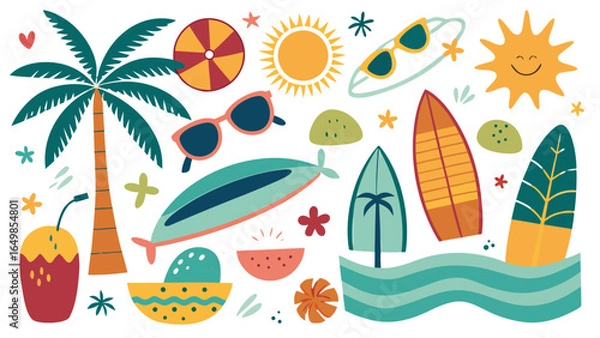Fototapeta Hand-drawn Tropical Beach and Surfing Vector Icon Set for Summer, Sea, and Travel Designs
