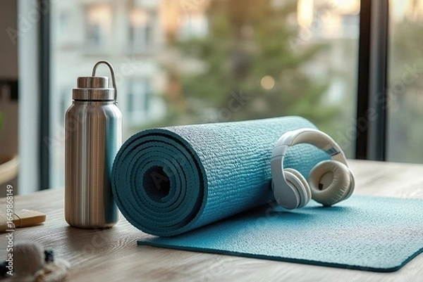 Obraz Yoga mat, water bottle, and headphones displayed on a wooden surface with a blurred outdoor background.