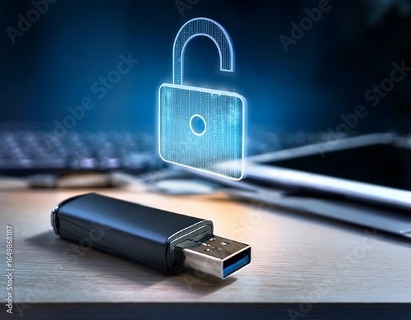 Fototapeta secure flash drive with digital lock projected above it in a modern workspace