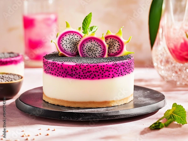 Fototapeta An exquisite cheesecake with a soft pink hue, decorated with dragon fruit slices and chia seeds. The dessert is served on a dark plate.