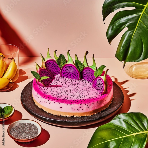 Fototapeta An exquisite pink cheesecake with a soft pink hue, decorated with dragon fruit slices and chia seeds. The dessert is served on a dark plate.