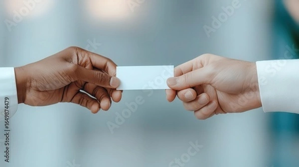 Fototapeta Two hands, one dark-skinned and one light-skinned, exchange a blank white business card against a blurred background.