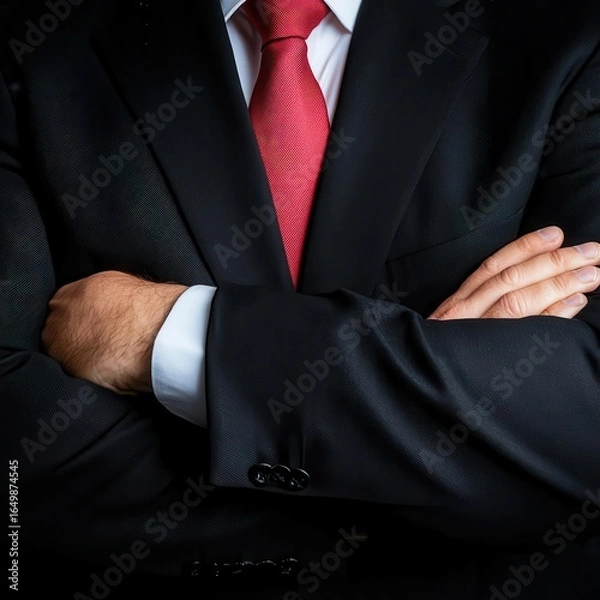 Fototapeta A man in a black suit and red tie stands confidently with arms crossed, showcasing professionalism and authority.