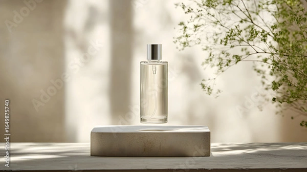 Fototapeta Floating mockup of skin toner spray bottle with silver cap is elegantly displayed on minimalist platform. Soft natural light and delicate greenery create serene atmosphere