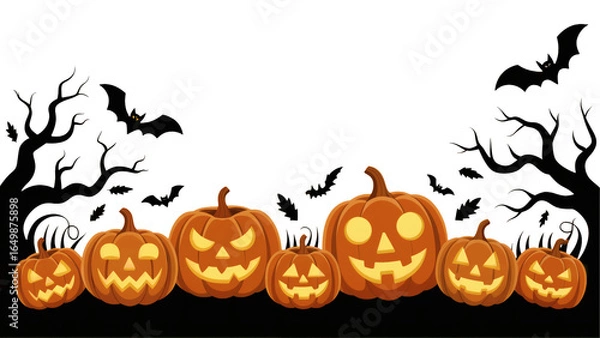 Fototapeta Spooky Halloween pumpkins with glowing jack-o-lantern smiles and eerie bats in a night scene transparent PNG, isolated background