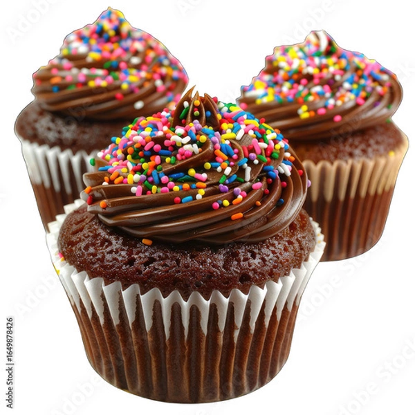 Obraz Three chocolate cupcakes, topped with colorful sprinkles and chocolate frosting