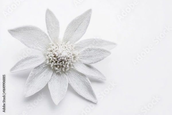 Obraz A pristine, single white flannel flower with fuzzy petals and a textured center, set against a minimalist white background.