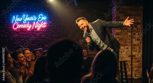Fototapeta New Years Eve comedy show with lively audience and neon brick wall backdrop in intimate club setting