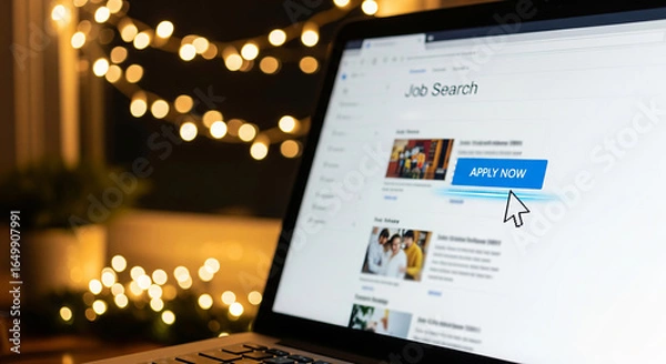 Fototapeta Close-up of laptop screen showing job listings with cursor clicking apply button next to a small plant and warm blurred lights in the background