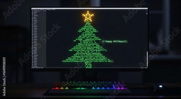 Fototapeta Holiday ASCII art Christmas tree glowing on computer monitor with rainbow-lit mechanical keyboard in dark room