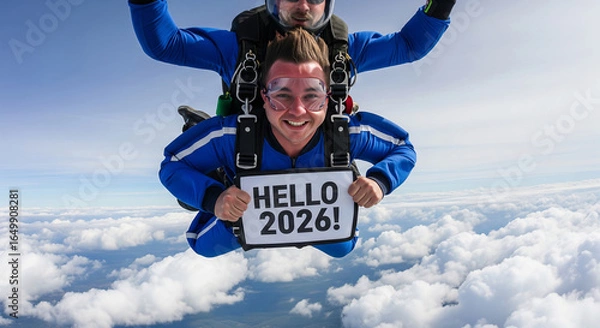 Obraz Tandem skydivers in blue suits holding a sign that says HELLO 2026 against a clear sky above the clouds