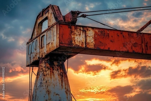 Obraz A rusty crane against a vibrant sunset sky, showcasing industrial decay and natural beauty.