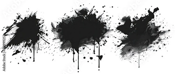 Fototapeta Black ink splatters isolated on white background, design element