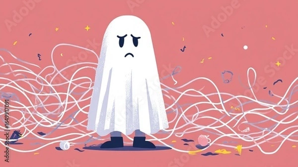 Fototapeta Cartoon ghost overwhelmed in chaotic scene with tangled yarn and scattered confetti on reddish-pink background