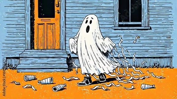 Fototapeta Surprised ghost figure standing before a bright blue house with an orange door amid scattered cans and shredded paper in a whimsical cartoon scene
