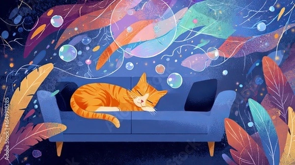 Fototapeta Orange tabby cat sleeping peacefully on blue couch surrounded by vibrant abstract swirls and colorful dreamy foliage