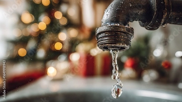 Fototapeta Rusty water faucet dripping with warm festive lights softly blurred in the background