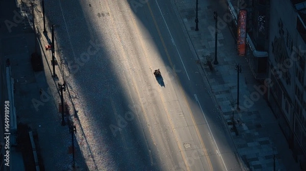 Fototapeta Solitary rider on empty street bisected by dramatic shadows cast from towering structure at dusk