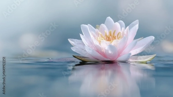 Fototapeta Serene water lily blossom floats gently on calm, blue water, its reflection mirrored perfectly.