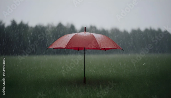 Fototapeta Red umbrella standing alone in green field during rain  