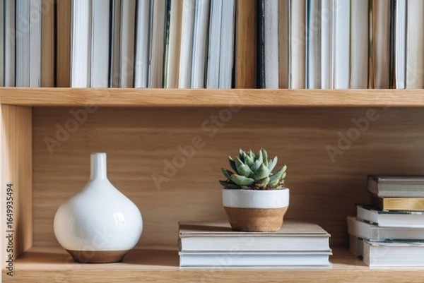 Obraz Close-up of a wooden bookshelf with books, a white vase, and a potted succulent plant.