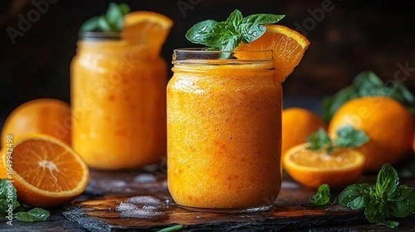 Fototapeta Closeup Of Refreshing Fruit Smoothie In Jar With Mint And Citrus Slices