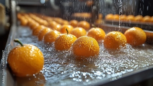 Obraz Closeup Of Ripe Citrus Fruits Being Washed On A Conveyor Belt In A Food Processing Plant