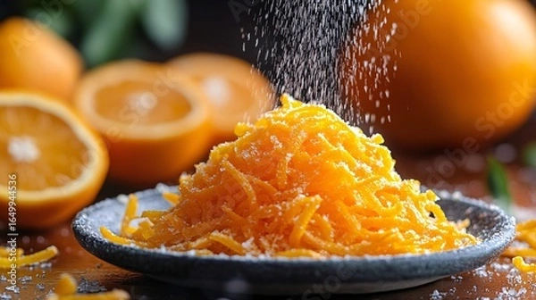 Fototapeta Vibrant Orange Zest With Powdered Sugar On Dark Backgrounds and close up view of citrus zest and other ingredients. ,tasty food with bright colors. delicious culinary item.  it's a good choice for