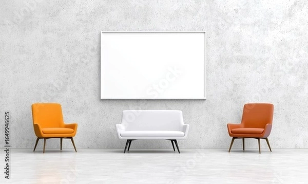 Obraz Minimalist interior two orange chairs flank a white loveseat before a textured gray wall with a blank white frame. A shiny floor reflects the simple furniture arrangement