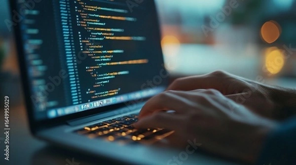 Obraz Close-up of hands typing code on a laptop at night (1)