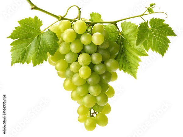 Fototapeta A bunch of green grapes hanging from a vine with leaves against a plain white background in studio shot